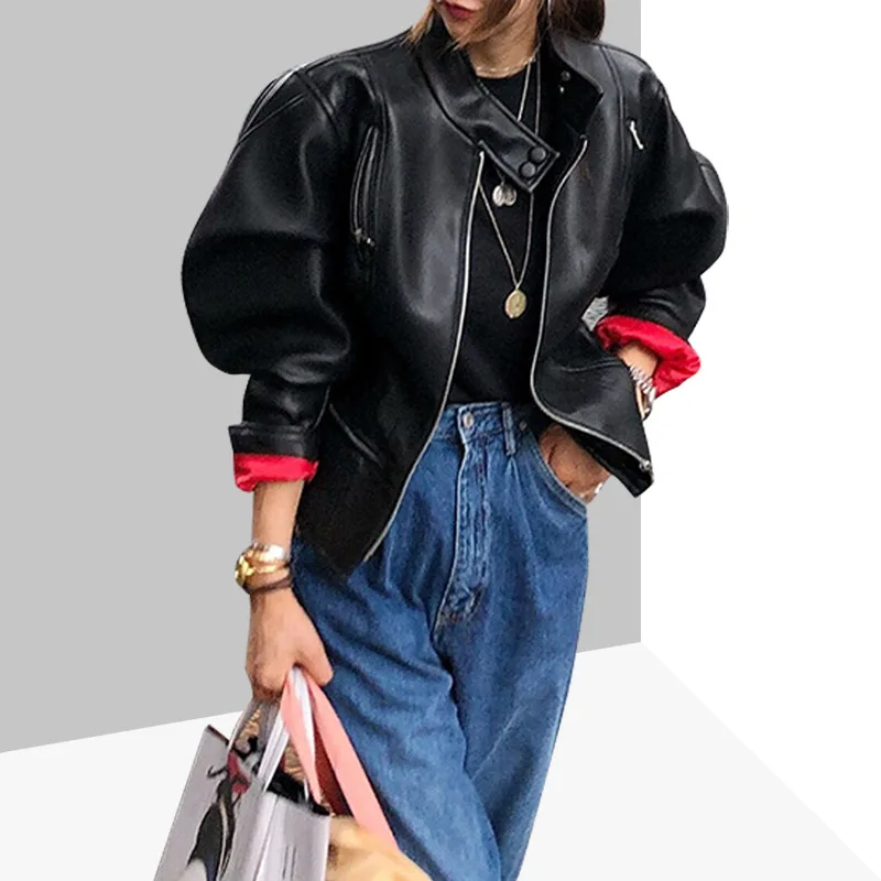 

2019 New Style Korean-style Model Sheepskin Puff Sleeve High-waisted Waist Hugging Short Stand Collar Jacket Leather Coat Women'