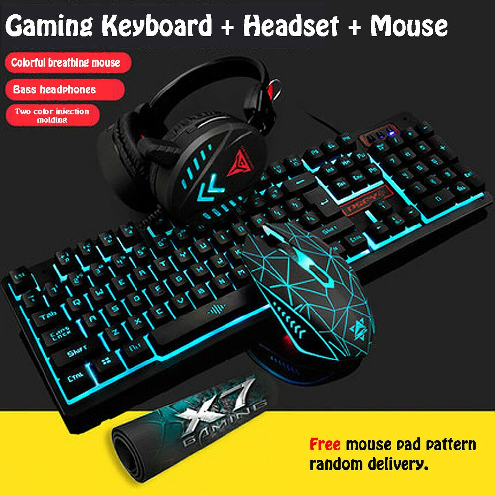 

4 in 1 K59 colorful LED Breathing Backlight Pro Gaming Keyboard Mouse Combos Pad Headset USB Wired Full Key Mouse Keyboard