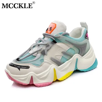 

MCCKLE Women's Sneakers Platform Lace Up Mesh Vulcanize Breathable Rainbow Color Fashion Casuals Height Increasing Female Shoes