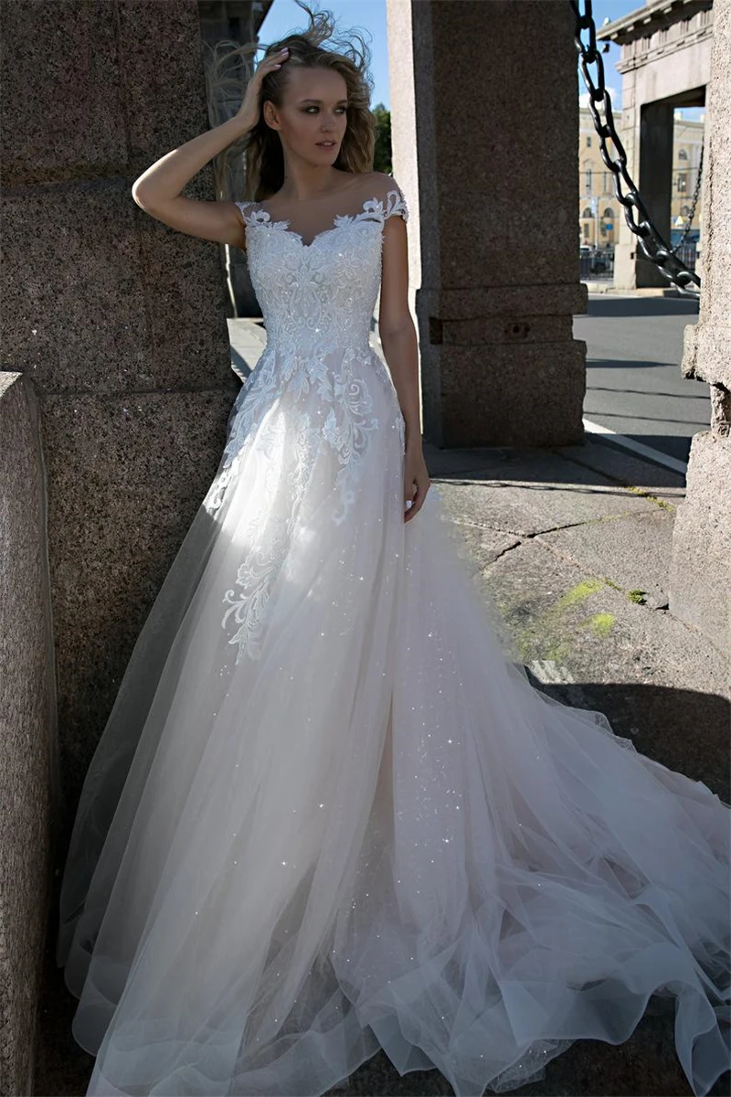 vestido de noiva 2020 Elegant Lace Appliques Wedding Dresses Short Sleeve A Line Bride Dress Sequin Beach Bridal Wedding Gowns (1)