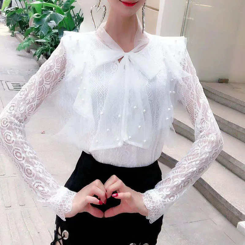 Spring Autumn Women Long Sleeve Blouse Tie Bow Hollow Out Lace Shirt Female Sweet Beading Mesh Blouses Short Bottom Tops AB1745 2