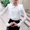 Spring Autumn Women Long Sleeve Blouse Tie Bow Hollow Out Lace Shirt Female Sweet Beading Mesh Blouses Short Bottom Tops AB1745 2