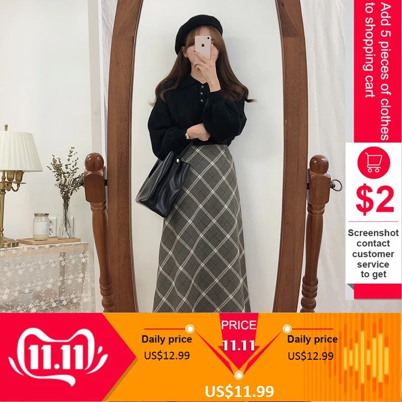 S-XL, Осень-зима, теплые женские юбки,, серая Клетчатая Шерстяная Юбка, женские плотные длинные юбки на молнии с высокой талией для женщин(G6088