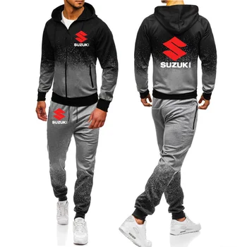 

Hoodies Men Suzuki Car Logo Print Casual Harajuku Gradient color Hooded Fleece zipper Jacket Sweatshirt Sweatpants Suit 2pcs