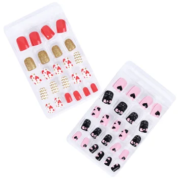 

2 Sets 48pcs Kids False Nails Stick on Nails Kits for Kids Teenager Girls