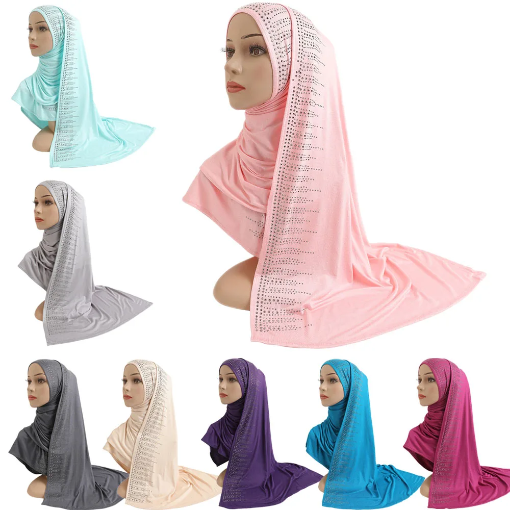 Moslim Vrouwen Katoen Jersey Lange Hoofddoek Rhinestone Shawl Sjaals Islamitische Arabische Sjaal Headwrap Plain Hoofddeksels 165*52Cm|Islamitische Kleding| - AliExpress