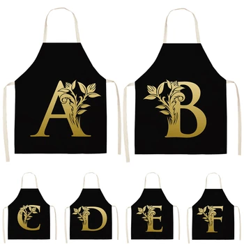 

Gold Letter Alphabet Pattern Kitchen Apron For Woman Sleeveless Cotton Linen Aprons Cooking Home Cleaning Tools 53*65cm WQ0051