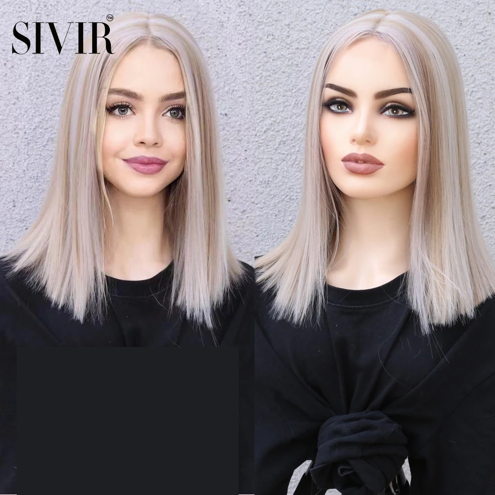 

Sivir Short Lace Straight Synthetic Hair Middle Parting Wigs For Women Mix Color High Temperature Fiber Daily/Party