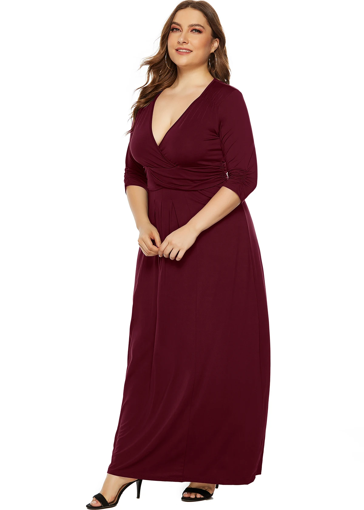 Women's Deep V Neck Slim Sexy Casual Long Dress Half Sleeve Solid Color Stretch Maxi Dresses