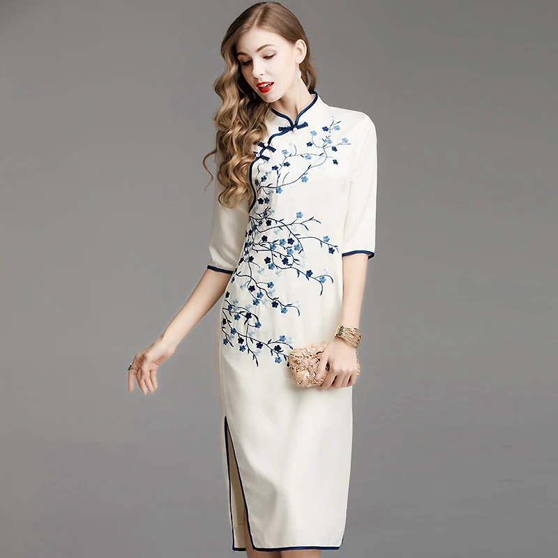 Китайский стиль вышивка цветок Cheongsam Qipao Половина рукава Винтаж Ретро Bodycon сексуальные вечерние платья осень длинное платье миди