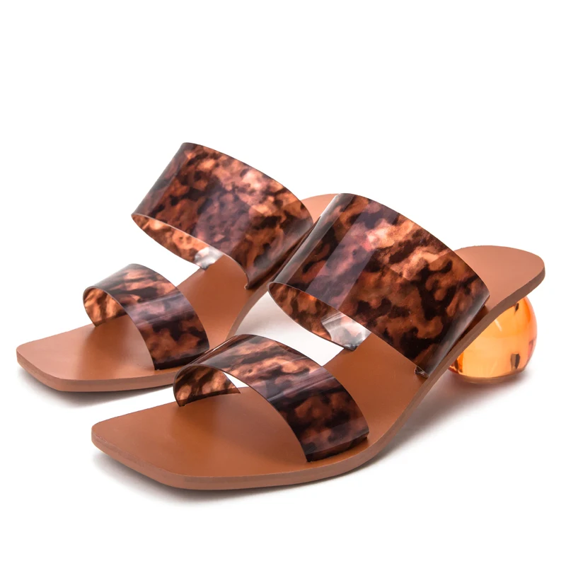 

Clear PVC Square Summer Toe Ladies Shoes Transparent Crystal Round Ball Heel Slippers Women Leopard Grain Jelly Sandals