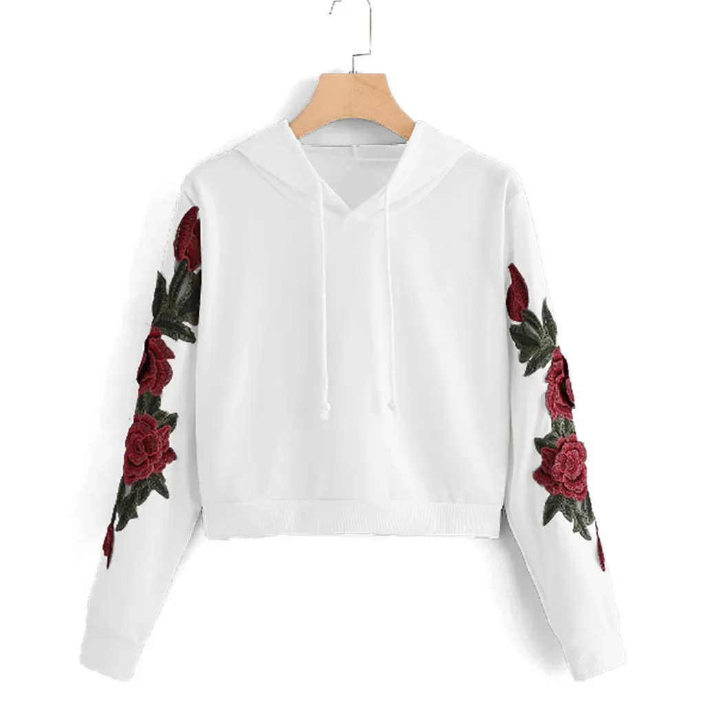JAYCOSIN Fashion Women Casual Rose Applique Long Sleeve Sweatshirt Casual Popular Chic Solid Elegant Blouse Sweatshirt