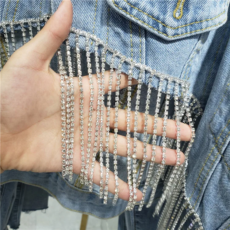 Goede Lente Herfst Mode Korte Denim Jasje vrouwen Nieuwe Zware Rhinestone Diamant Kwastje Losse Hoge Taille Jas Dame Jassen 2019