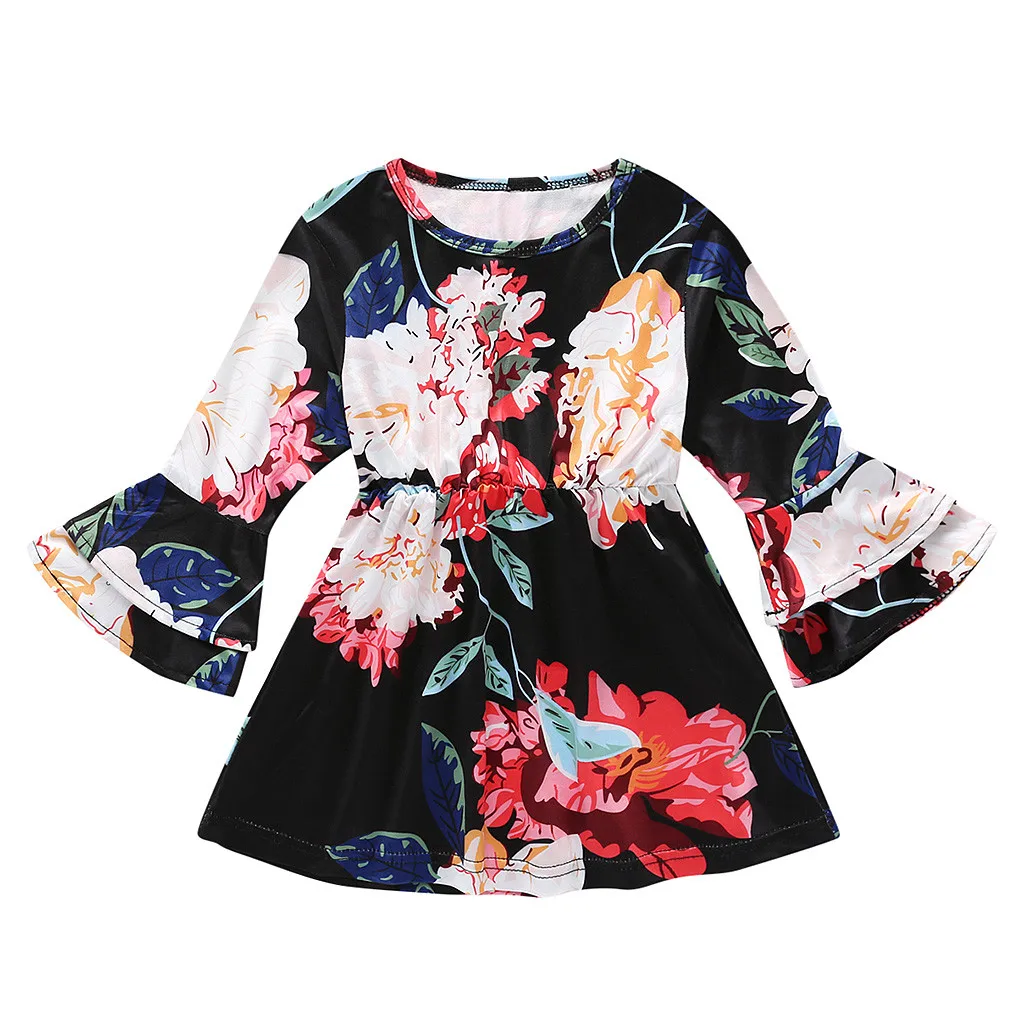 Baby Girl Dresses Clothes Long Sleeve Bow Clothes Dress Girl Winter O-Neck Splicing Print Floral Family Clothes Dress Y89 - Цвет: BK