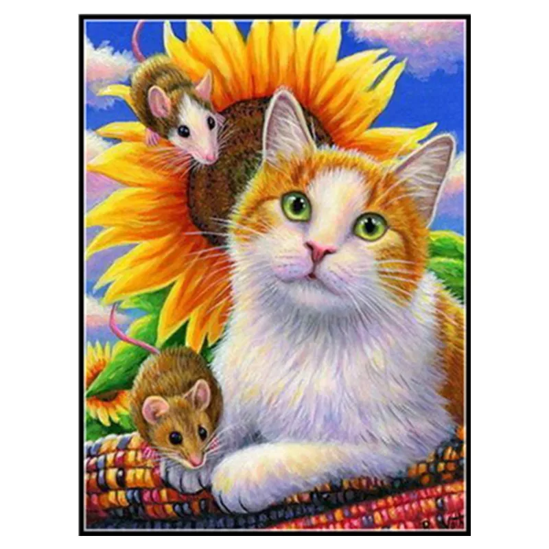 

5D DIY Diamond Painting Full Circle Diamond Embroidery Animal "Cat Sunflower" Painting Cross Stitch Mosaic