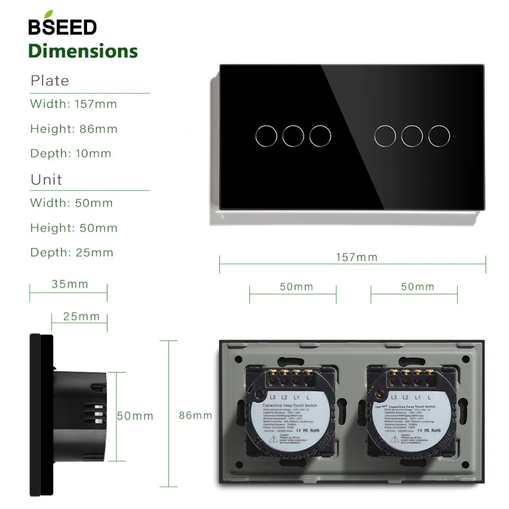 Bseed, 6 банд, Wifi, двойной светильник, сенсорный выключатель, настенный выключатель, 3 цвета, кристалл, класс, панель, модный умный переключатель