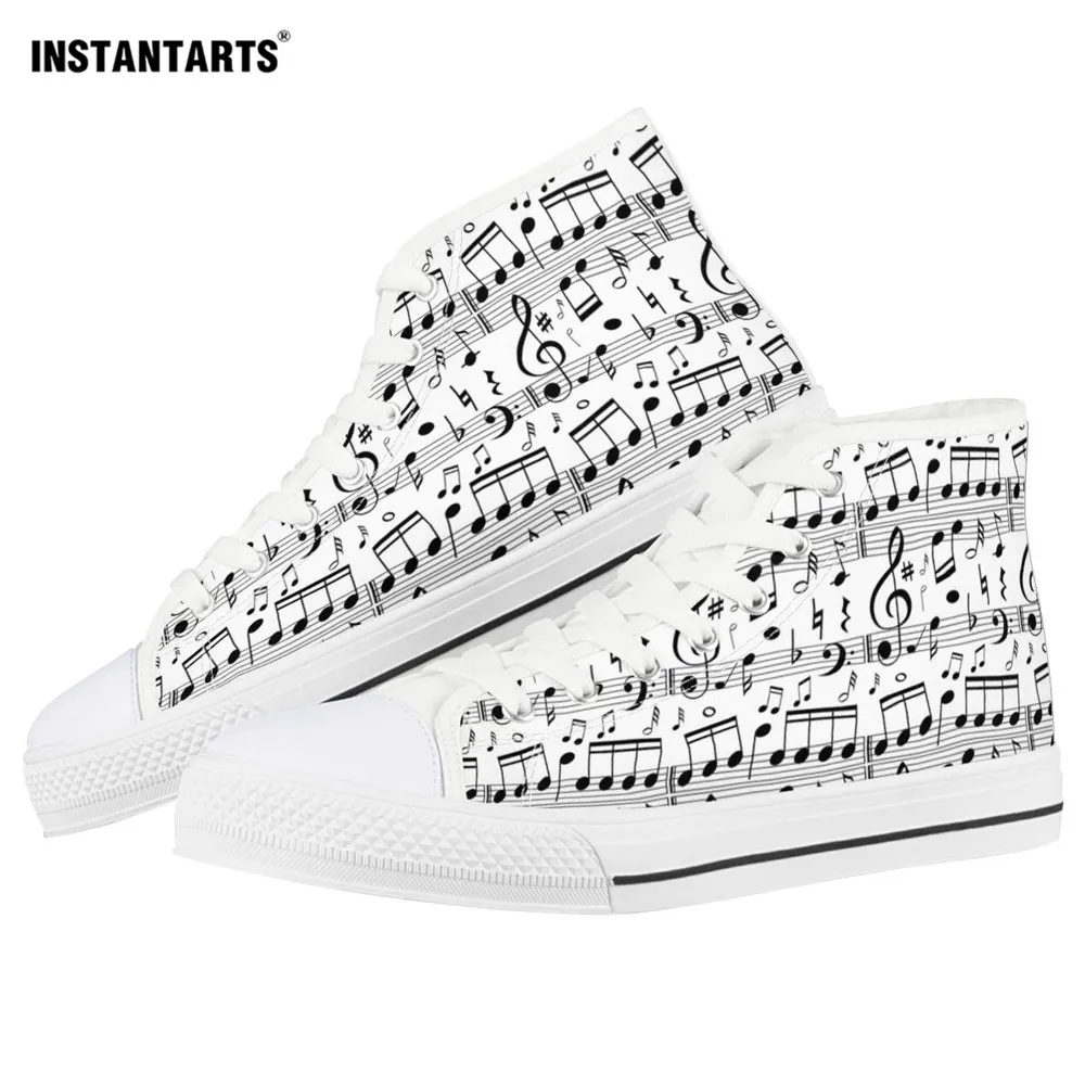 

INSTANTARTS Fashion Music Notes Print Woman High Top Canvas Shoes Breathable Lacing Flats Sneakers Casual Vulcanized Shoes Women