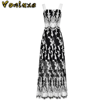 

Fashion Runway Summer 2020 New Women's Spaghetti Strap Black and White Lady Floral Lace Embroidery Print Long Maxi Dress