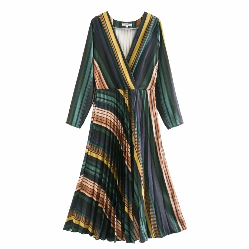 Women vintage cross v neck colorful striped pattern hem pleated midi dress female chic side zipper vestidos party Dresses DS3272 Women vintage cross v neck colorful striped pattern hem pleated midi dress female chic side zipper vestidos party Dresses DS3272
