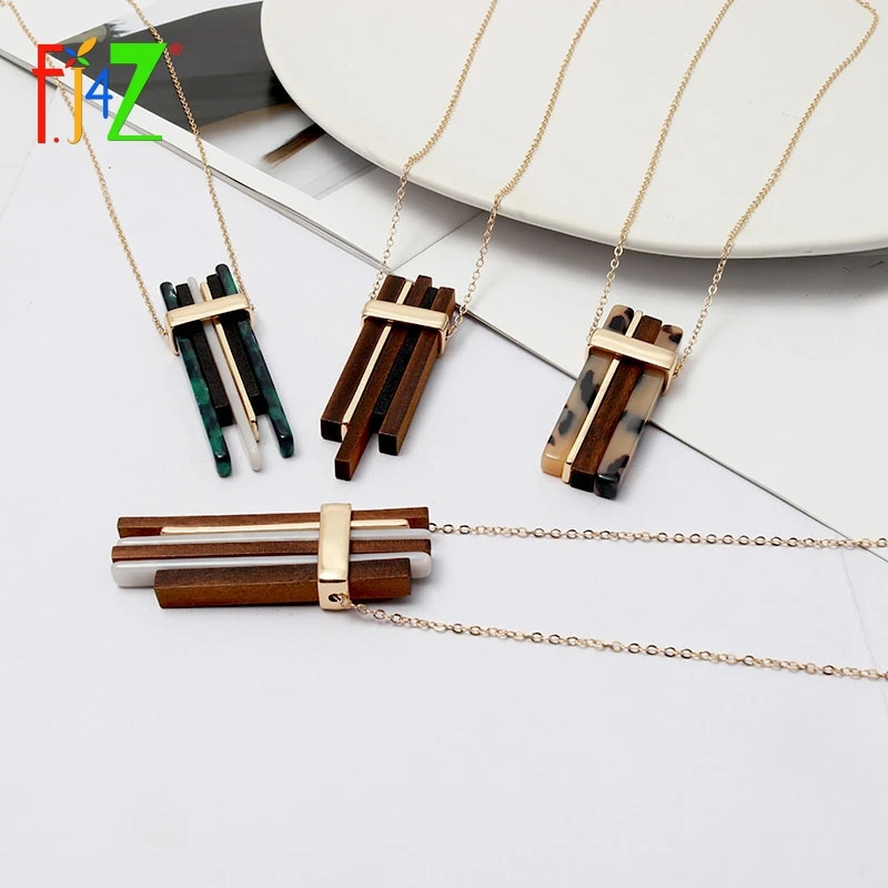 

F.J4Z 2019 Women Pendant & Necklaces Designer Alloy Wooden Resin Bars Pendants Long Female Geo Necklace Jewelry Gifts Dropship