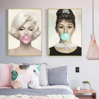 

Marilyn Monroe and Audrey Hepburn Popping Bubble Gum Blowing Bubbles Decorative Painting Retro Nostalgic Canvas Painting Paris
