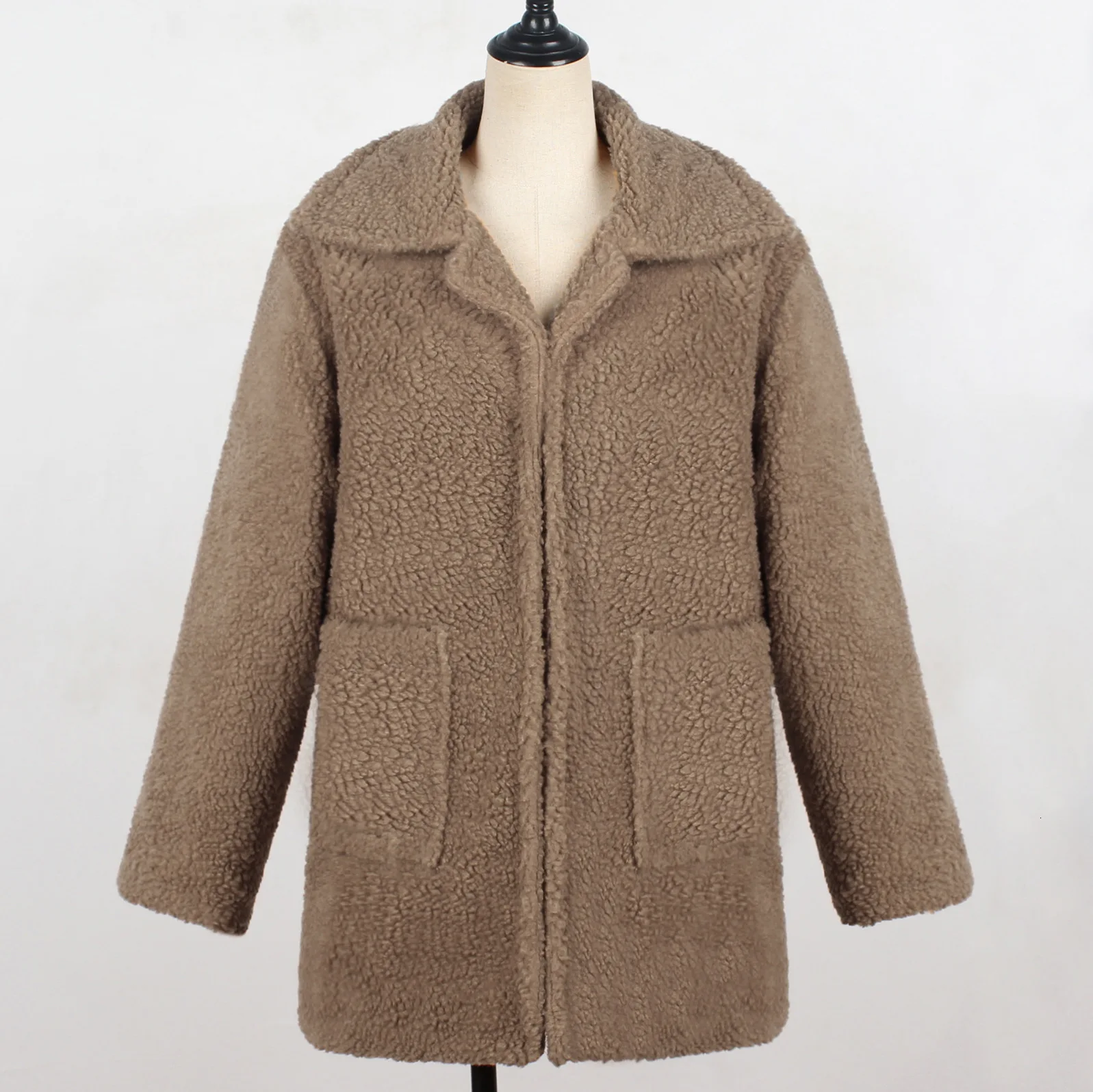 Зимнее теплое пальто для девушек, Сплошное Длинное плюшевое пальто из искусственного меха, женские меховые свободные куртки с нагрудным карманом, пальто большого размера плюс