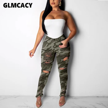 

Women Camouflage Printed High Waist Ripped Distressed Skinny Pants Casual Street Wear Plus Size Female Lace Up Pants