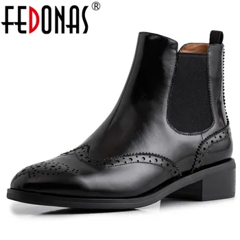 

FEDONAS Brogue Genuine Leather High Heels Party Dancing Shoes Woman Plus Size Female Euro Style Chelsea Boots Winter Punk Boots