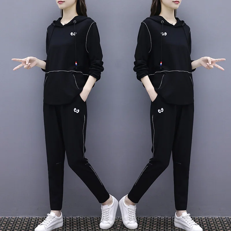 

Casual Autumn Winter Women Warm Sports Suit Two Piece Pants Suit Plus Size Hooded Sweatshirt And Pocket Trousers Print 2 Pcs Set