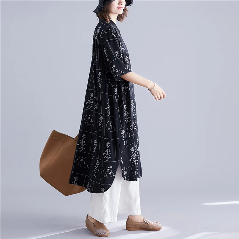 Versear, Женская хлопковая льняная длинная рубашка со стоячим воротником, с рукавом до локтя, с принтом, на пуговицах, с карманами, повседневная, размера плюс, свободные, миди платья