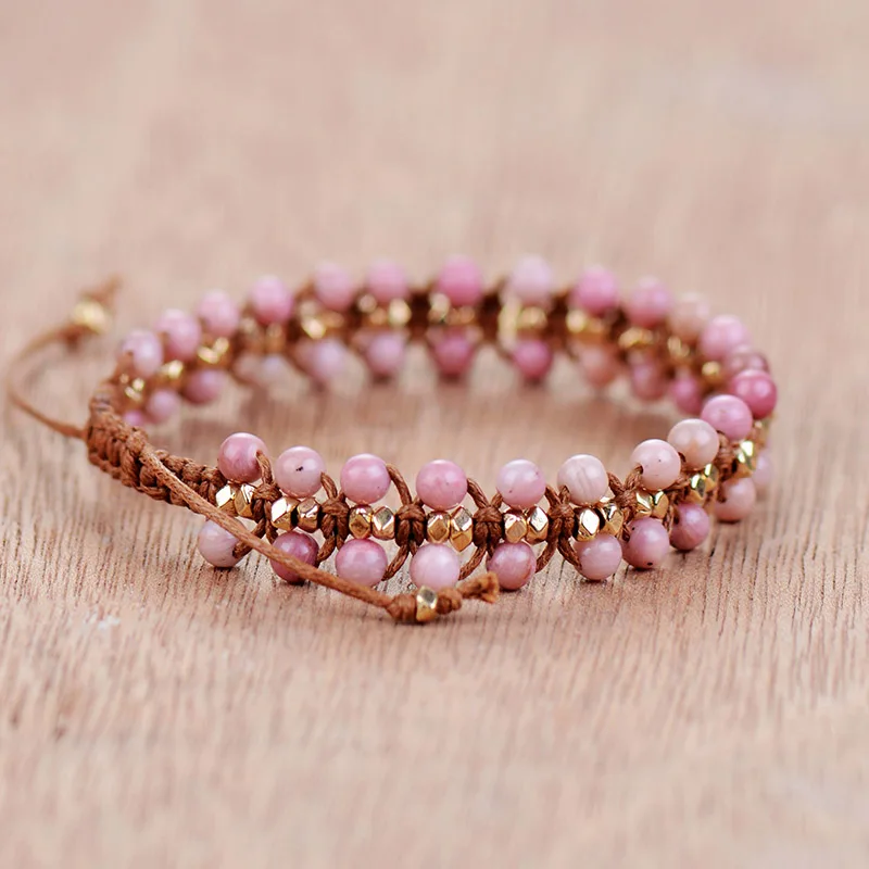 Unique Rhodonite Gold Beads Wrap Bracelets Wholesale Handmade Bohemia Weaving Bracelet Birthday Gift Boho Jewelry Dropship - Image 3
