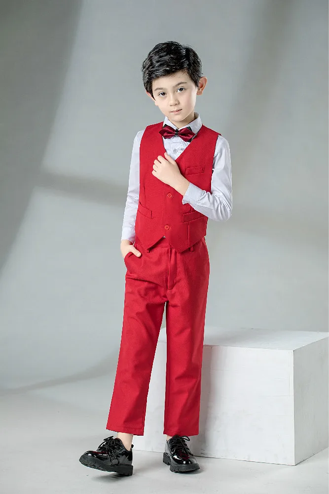 Red-4PCS YuanLu, Детский костюм для мальчика, 4 предмета, жилет/штаны/рубашка/галстук, костюм, торжественный костюм для свадьбы, вечерние костюмы для фортепиано, приталенная одежда для малышей - Цвет: Red-4PCS