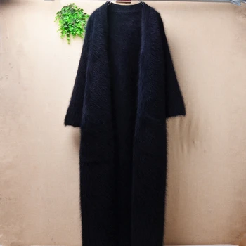 

Elegant fashion long black thick hairy fuzzy mink cashmere cardigans long flare sleeves angora fur knitted mantle winter coat