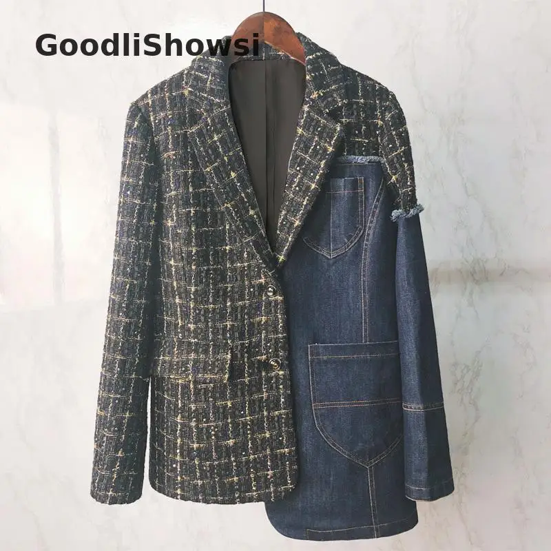 GoodliShowsi Высокая уличная мода твидовый лоскутный Джинсовый блейзер Топы нагрудные карманы шикарные свободные женские Необычные пиджаки