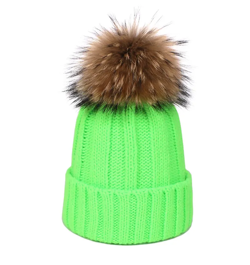 Women Autumn Winter Beanie Cap Female Acrylic Wool Hats With Real Fur Pompon Knit Windproof Outdoor Warm Fluorescent Beanie Hat