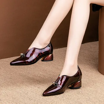 

MLJUESE 2020 women pumps Cow leather autumn spring pointed toe wine red color slip on high heels party dress size 34-40