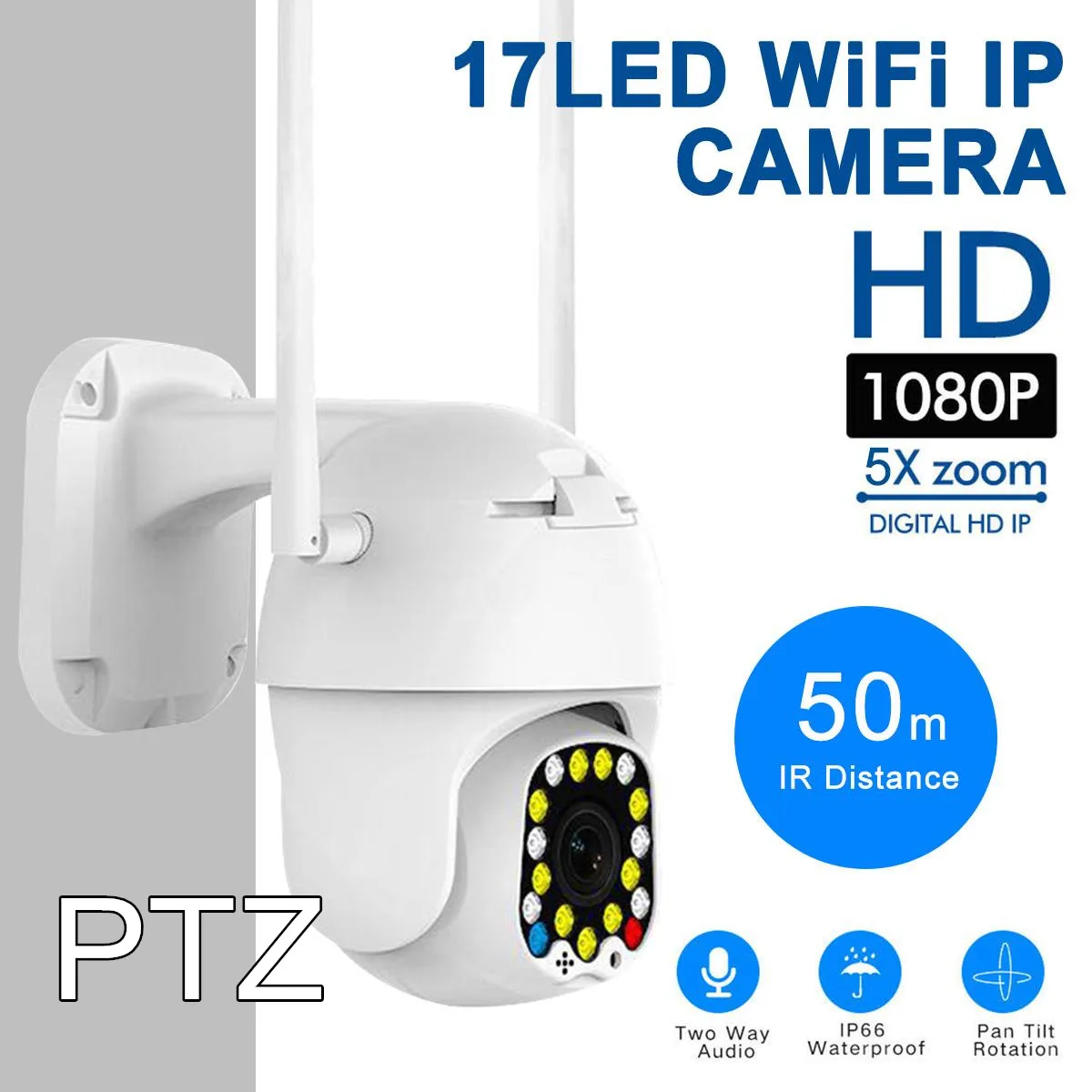 

1080P 17 LED PTZ Full Color Night Vision Smart IP Camera IP66 Movement Detector CCTV Two-way Audio Outdoor Monitor Surveillance
