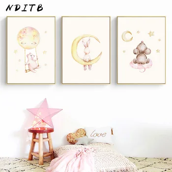 

Baby Nursery Wall Art Canvas Painting Moon Cartoon Animal Bunny Child Poster and Print Nordic Kids Bedroom Decoration Picture