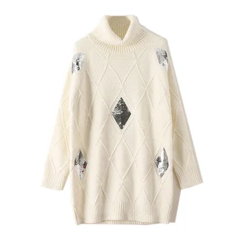 

Argyle Sequined Sweater Female Autumn Winter Casual Tops Turtleneck Collar Long Sleeve Pullover Women Clothing Pull Femme TA1156