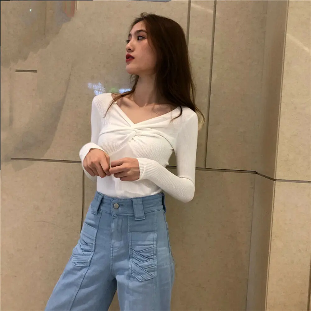 

Women Ladies Knitted Basic Top Long Sleeve Fitness 2020 Spring Sexy V Neck Knitted Pullover Casual Top Knitwear Jumper T-shirt