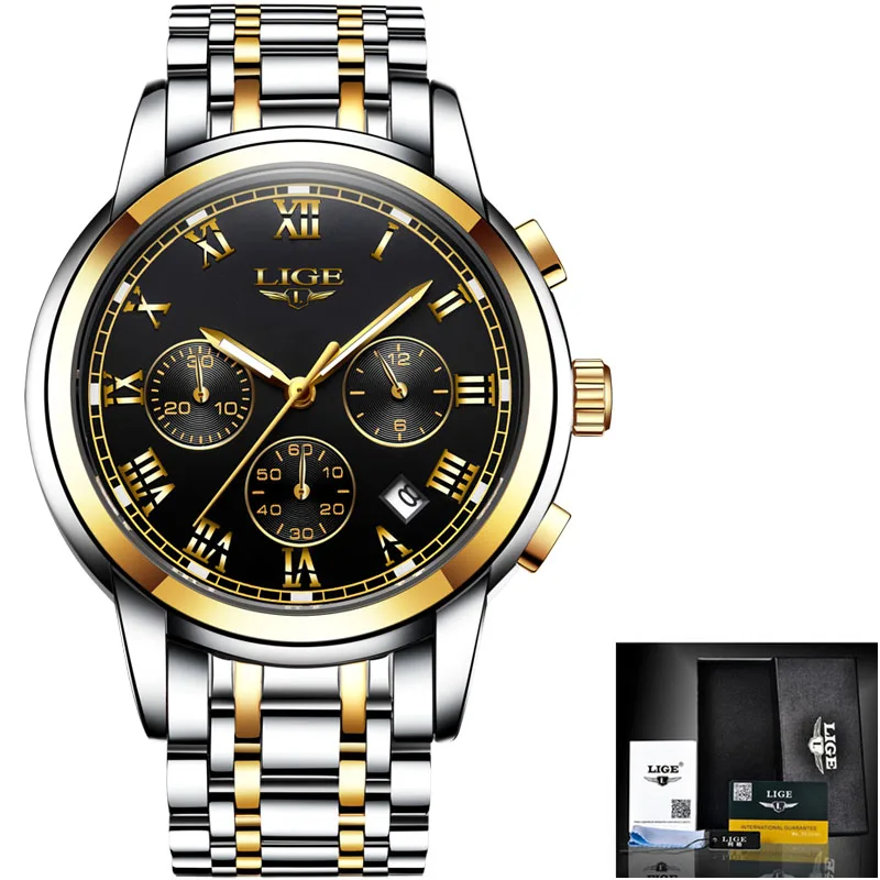 Модные новые мужские s часы LIGE классический дизайн зеленый Циферблат Бизнес часы мужские водонепроницаемые полностью Стальные кварцевые часы Relogio Masculino - Цвет: gold black
