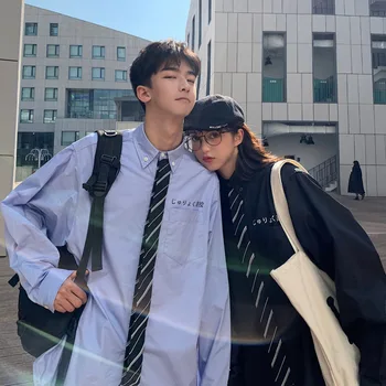

Men's shirt 2020 spring and summer new couple college style long-sleeved shirt tie non-removable youth trend men's clothing