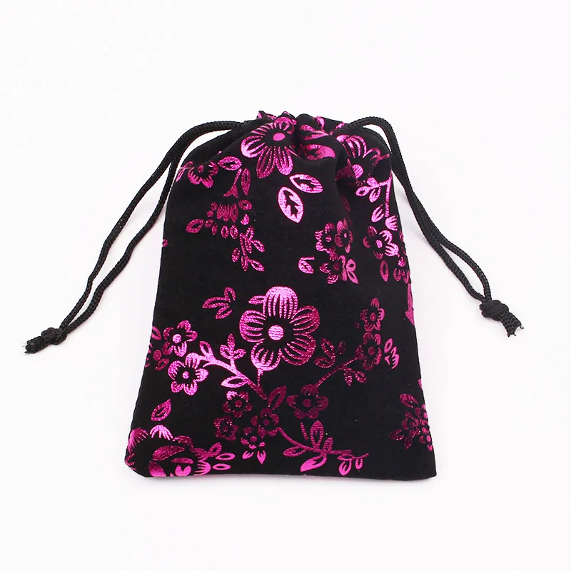 

100pcs/lot Black Velvet Bag 9x12cm Small Drawable Jewelry Candy Gift Packing Bag Fuchsia Rose Print Velvet Gift Bags & Pouch
