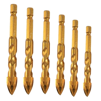 

6Pcs 1/4 Inch Hex Shank Twist Glass Bits Titanium Ceramic Drilling Drill Set 6 8 10 12mm Tile Concrete Cross Tip Hole Bit