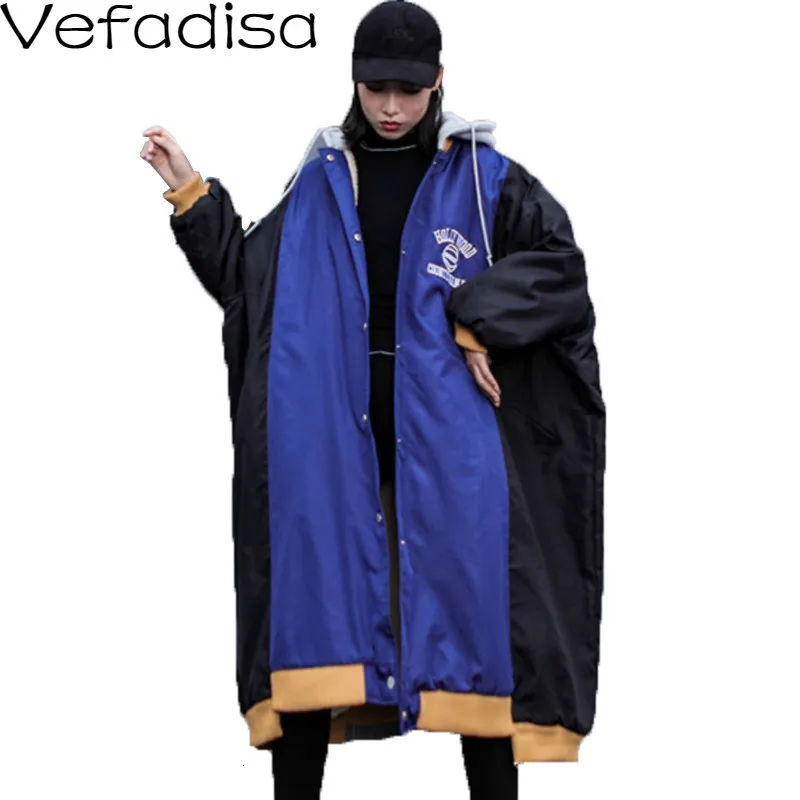 Vefadisa зимняя Лоскутная Женская парка с буквенным принтом и капюшоном, свободная синяя однобортная Толстая парка размера плюс QYF1185