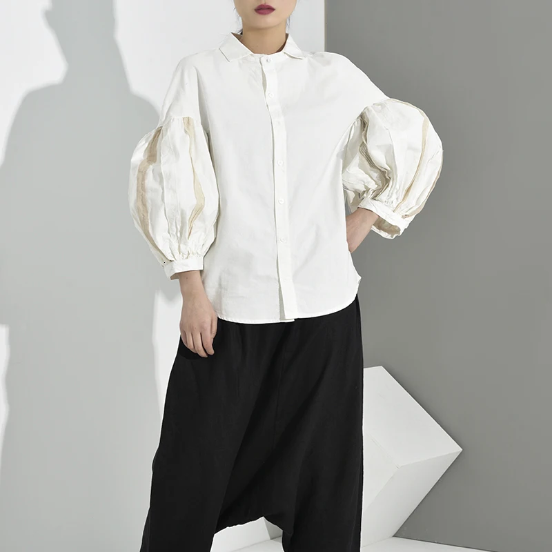 [EAM] Для женщин белый Ленточки Разделение темперамент блузка Новая нагрудные с длинным рукавом рубашка свободного кроя модные тенденции Демисезонный JE8200