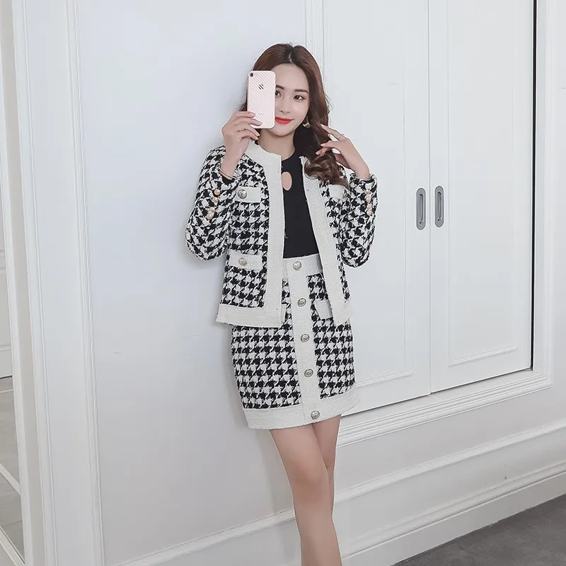 

High Quality Women Houndstooth Single Breasted Knitted Cardigan + Hit Color Elastic Bodycon Pencil Skirts Set Summer Knit 2 PCS
