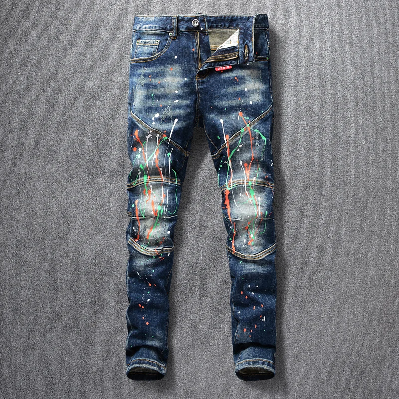 Американская уличная мода мужские джинсы в стиле ретро синие потертые
