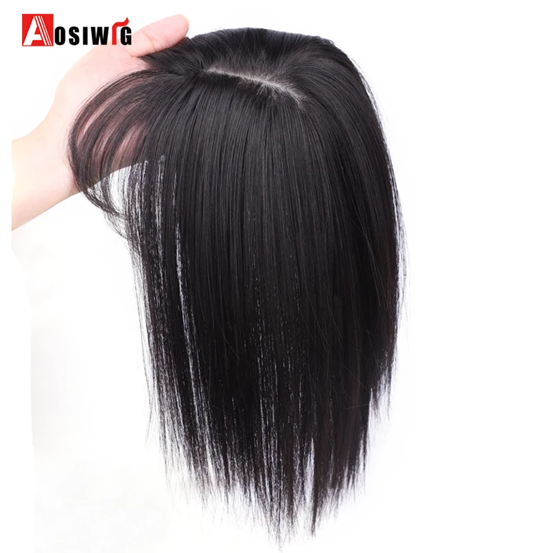 AOSI-extensiones de cabello con Clip para mujer, 3 Clips en Topper, pelo sintético liso, negro, marrón, con flequillo, peluquín falso
