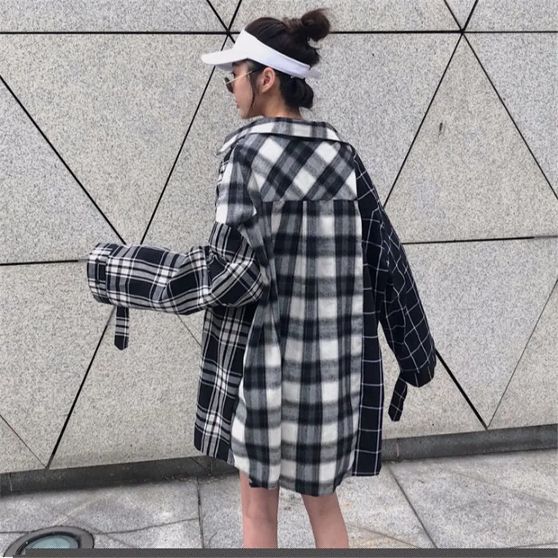 Lychee Harajuku Лоскутная с клетчатым принтом женская рубашка повседневные свободные карманы женские блузки пуловеры Весна Осень Женские Рубашки, Топы